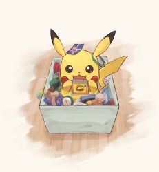 Rule 34 | :3, box, cartridge, commentary request, creatures (company), from above, game boy, game boy (original), game freak, gen 1 pokemon, handheld game console, highres, holding, in box, in container, looking at viewer, nintendo, no humans, odd (hin yari), open mouth, pikachu, pokemon, pokemon (creature), pokemon card, solo, wooden floor