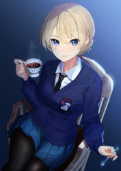 Rule 34 | 1girl, absurdres, black pantyhose, blonde hair, blouse, blue eyes, blue skirt, blue sweater, blush, braid, breasts, chair, closed mouth, collared shirt, cup, darjeeling (girls und panzer), girls und panzer, highres, holding, holding cup, kagematsuri, large breasts, long sleeves, looking at viewer, pantyhose, shirt, short hair, sitting, skirt, smile, sweater, teacup, thighs, white shirt