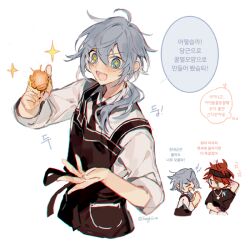 Rule 34 | 2boys, amagi rinne, apron, black apron, black headband, black necktie, blue eyes, blue hair, collared shirt, ensemble stars!, food, hands up, headband, holding, holding food, korean text, long sleeves, looking at viewer, low ponytail, multiple boys, necktie, open mouth, red hair, sapphire (nine), shiina niki, shirt, simple background, smile, sparkling eyes, speech bubble, translation request, white background, white shirt