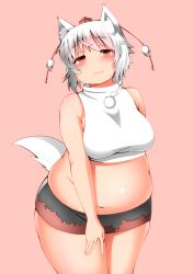 Rule 34 | 1girl, :3, adapted costume, animal ears, bare arms, belly, big belly, blush, breasts, come hither, cowboy shot, crop top, eyebrows, fang, fang out, fat, fat rolls, gradient hair, hand on own thigh, hat, head tilt, highres, hip focus, inubashiri momiji, large breasts, looking at viewer, medium breasts, microskirt, miniskirt, multicolored hair, navel, pink background, plump, pom pom (clothes), red eyes, seductive smile, shiny skin, shirt, shishi juuroku, short eyebrows, short hair, simple background, skirt, sleeveless, sleeveless shirt, smile, solo, stomach, tail, thick eyebrows, thick thighs, thighs, tokin hat, touhou, white hair, white shirt, wolf ears, wolf tail