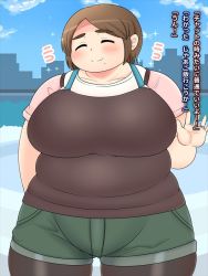 Rule 34 | 1girl, blush, breasts, brown hair, closed eyes, fat, large breasts, shimejix, short hair, smile, translation request