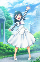 Rule 34 | 1girl, :d, black hair, blue eyes, building, cloud, day, dress, full body, grass, highres, long hair, looking at viewer, mary janes, nicca (kid nicca), no socks, open mouth, original, outdoors, outstretched arms, shoes, sky, smile, solo, spread arms, standing, striped, striped sleeves, tiara, tree, waving, white dress, white footwear