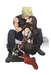 Rule 34 | 1boy, 1girl, baggy pants, bare shoulders, black footwear, black gloves, black hair, black skirt, black sports bra, black thighhighs, blonde hair, blue eyes, blush, boots, bracelet, breasts, brown gloves, closed mouth, cloud strife, couple, crop top, ear blush, earrings, eye contact, final fantasy, final fantasy vii, final fantasy vii rebirth, final fantasy vii remake, fingerless gloves, gloves, hands on another&#039;s face, hetero, imminent kiss, jewelry, kneeling, large breasts, light blush, long hair, looking at another, low-tied long hair, midriff, pants, pudelmudel, red eyes, red footwear, ribbed sweater, single arm guard, single earring, sitting, skirt, sleeveless, sleeveless turtleneck, spiked hair, sports bra, square enix, suspender skirt, suspenders, sweater, tank top, teardrop earring, thighhighs, tifa lockhart, turtleneck, turtleneck sweater, white background, white tank top