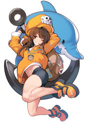 Rule 34 | 1girl, absurdres, anchor, ataruman, backpack, bag, bike shorts, black gloves, black shorts, brown eyes, brown hair, commentary request, dolphin, full body, gloves, guilty gear, guilty gear strive, hat, highres, holding, holding anchor, long hair, may (guilty gear), midriff, navel, one eye closed, orange footwear, orange hat, shoes, shorts, simple background, skull and crossbones, smile, solo, white background
