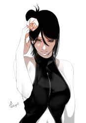 Rule 34 | 1girl, arm up, bare shoulders, breasts, closed mouth, eyeshadow, flower, hair flower, hair ornament, hand in own hair, highres, konan (naruto), labret piercing, large breasts, makeup, midriff, monochrome, naruto (series), one eye closed, piercing, short hair, sleeveless, solo, zifletts, zipper pull tab