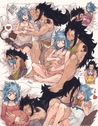 Rule 34 | 1boy, 1girl, arm tattoo, bad id, bad tumblr id, barefoot, bed, black hair, blue hair, blush, breasts, cleavage, english text, fairy tail, feet, gajeel redfox, heart, highres, hug, kissing stomach, levy mcgarden, pantherlily, pregnant, rusky, sequential, sleeping, smile, spiked hair, spoken heart, spooning, tattoo