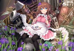 Rule 34 | 1girl, absurdres, apron, black pantyhose, blue eyes, blush, book, boots, brown footwear, brown hair, commentary request, dress, engine, feet out of frame, flower, frilled apron, frilled dress, frills, hair between eyes, hair flower, hair ornament, highres, hiraga matsuri, juliet sleeves, long hair, long sleeves, looking at viewer, open book, original, pantyhose, parted lips, pink dress, puffy sleeves, purple flower, robot, rust, sign, solo, white apron