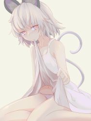 Rule 34 | 1girl, animal ears, blush, clothes lift, collarbone, dress, dress lift, grey hair, highres, ishikkoro, lifted by self, looking at viewer, mouse ears, mouse tail, mouth hold, navel, nazrin, panties, red eyes, short hair, simple background, sitting, solo, sundress, tail, touhou, underwear