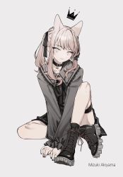 Rule 34 | 1other, akiyama mizuki, androgynous, animal ears, black collar, black footwear, black nails, black theme, cat ears, collar, commentary, cross-laced footwear, grey background, grey shirt, highres, nail polish, pink eyes, pink hair, project sekai, sailor collar, shirt, side ponytail, sidelocks, solo, symbol-only commentary, thigh strap, trii039