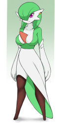 Rule 34 | 1girl, absurdres, alternate eye color, arms at sides, black thighhighs, bob cut, breasts, clothed pokemon, collarbone, colored skin, creatures (company), earclip, elbow gloves, female focus, full body, game freak, gardevoir, gen 3 pokemon, gloves, gradient background, green background, green hair, green skin, hair over one eye, happy, highres, large breasts, looking at viewer, mole, mole on breast, multicolored skin, naga no chahua hui, nintendo, one eye covered, parted lips, pillarboxed, pokemon, pokemon (creature), purple eyes, short hair, simple background, smile, solo, standing, teeth, thighhighs, two-tone skin, white gloves, white skin