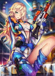 Rule 34 | 10s, 1girl, blonde hair, breasts, building, character request, green eyes, gun, handgun, head tilt, holding, holding weapon, holster, long hair, medium breasts, parted lips, pistol, rifle, rodway, snorkel, solo, trickster (ntreev soft), unzipped, water, weapon, wet, zipper