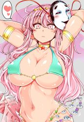 Rule 34 | 1girl, arm strap, armlet, armpits, arms up, bikini, bikini top only, blush, bottomless, breasts, cleavage, curvy, dancer, earrings, covered erect nipples, hata no kokoro, heart, heart-shaped pupils, highres, huge breasts, jewelry, long hair, looking at viewer, mask, mask on head, micro bikini, micro bikini top, navel, noh mask, out-of-frame censoring, pink eyes, pink hair, roki (hirokix), solo, spoken heart, sweat, swimsuit, symbol-shaped pupils, touhou, underboob, very long hair, wide hips