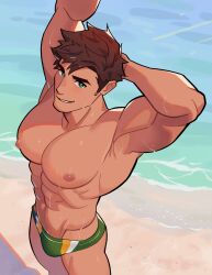 Rule 34 | 1boy, abs, absurdres, alex (stardew valley), arm behind head, bara, beach, brown hair, day, feet out of frame, green eyes, green male swimwear, highres, large pectorals, looking at viewer, male focus, male swimwear, milkiato, muscular, muscular male, navel, nipples, outdoors, pectorals, short hair, smile, solo, stardew valley, swim briefs
