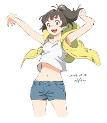 Rule 34 | 1girl, :d, ao fujimori, armpits, arms up, artist name, brown hair, collarbone, cowboy shot, dated, female focus, flat color, grey eyes, happy, hotpants, looking past viewer, looking to the side, navel, open mouth, short hair, shorts, simple background, smile, solo, teeth, up shirt, white background