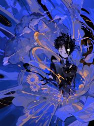 Rule 34 | 1boy, abstract, black hair, dust, dust cloud, electricity, explosion, flower, grey eyes, heterochromia, highres, kageyama shigeo, male focus, mob psycho 100, mong 120, no pupils, paper, rock, school uniform, scratches, shaded face, signature, solo, sparkle, sunflower, uniform, white eyes, white flower