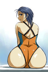 Rule 34 | 1girl, ass, blue eyes, blue hair, hip focus, huge ass, looking back, matching hair/eyes, michael f91, one-piece swimsuit, short hair, sitting, solo, swimsuit, wide hips