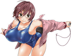 Rule 34 | 1girl, blue one-piece swimsuit, breasts, brown eyes, covered erect nipples, cowboy shot, fukudahda, glasses, hair between eyes, hair ornament, hairclip, hatsukoi limited, huge breasts, one-piece swimsuit, short hair, simple background, solo, swimsuit, watase meguru, white background