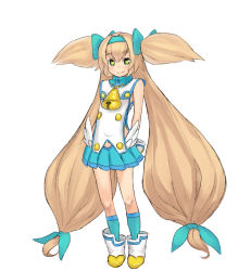 Rule 34 | 1girl, absurdly long hair, aqua bow, aqua socks, arc system works, blazblue, blazblue: continuum shift, blonde hair, bow, chiwino, green eyes, hair bow, hairband, heart, heart-shaped pupils, long hair, looking at viewer, low-tied long hair, platinum the trinity, quad tails, ribbon, simple background, smile, socks, symbol-shaped pupils, very long hair, white background