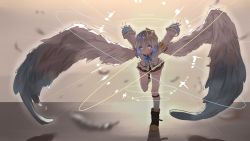 Rule 34 | 1girl, absurdres, amane kanata, angel wings, armband, blue ribbon, bob cut, boots, colored inner hair, commentary request, full body, hair ornament, halo, highres, hololive, leg up, long sleeves, looking at viewer, multicolored hair, purple eyes, ribbon, school uniform, short hair, simple background, single hair intake, smile, solo, star halo, virtual youtuber, wings