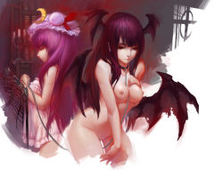 Rule 34 | 2girls, bare shoulders, bat wings, bdsm, breasts, candle, candlestand, chain, collar, crescent, female focus, hat, head wings, koakuma, leash, long hair, multiple girls, nipples, nude, patchouli knowledge, purple hair, pussy, rained, red eyes, red hair, see-through, slave, small breasts, touhou, uncensored, wings