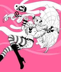Rule 34 | 1girl, boots, breasts, devil fruit, drill hair, high heel boots, high heels, holding, holding umbrella, horo horo no mi, long hair, looking at viewer, medium breasts, miniskirt, one piece, pantyhose, perona, pink background, skirt, smile, solo, striped clothes, striped pantyhose, twintails, umbrella