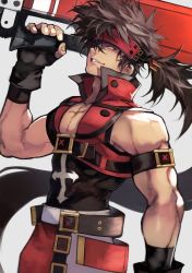 Rule 34 | 1boy, absurdres, bare shoulders, belt, biceps, brown hair, commentary request, covered abs, fingerless gloves, gloves, guilty gear, hair over one eye, headband, highres, long hair, looking at viewer, male focus, muscular, muscular male, open clothes, pants, pectorals, ponytail, simple background, sleeveless, smile, sol badguy, solo, spiked hair, sword, upper body, weapon, yellow eyes, yoshio (55level)