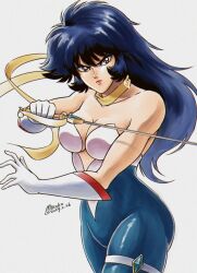 Rule 34 | 1girl, artist name, blue eyeshadow, blue hair, breasts, cleavage, collarbone, cutie honey flash, dated, elbow gloves, eyeshadow, gloves, highres, holding, holding sword, holding weapon, impossible clothes, long hair, magical girl, makeup, medium breasts, miroku (miroku t), misty honey (flash), muscular, muscular female, nagai gou (style), parody, red lips, retro artstyle, scarf, serious, sidelocks, signature, simple background, sleeveless, solo, standing, style parody, sword, two-tone bodysuit, v-shaped eyebrows, weapon, white background, wide hips, yellow scarf