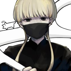 Rule 34 | 1girl, black jacket, black mask, blonde hair, choujin x, closed mouth, covered mouth, cropped torso, grey eyes, highres, hime cut, jacket, looking at viewer, mask, mouth mask, origami, paper crane, ririka umezawa, serious, short hair, short hair with long locks, simple background, solo, surgical mask, upper body, white background, yuma kahara