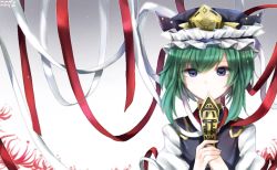 Rule 34 | 1girl, artist name, blue eyes, blue vest, commentary request, dated, flower, gradient background, green hair, grey background, hair between eyes, hat, high collar, juliet sleeves, long sleeves, looking at viewer, own hands together, puffy sleeves, red ribbon, ribbon, rod of remorse, ruoruomi, shiki eiki, shirt, short hair, solo, spider lily, swept bangs, touhou, upper body, vest, white background, white ribbon, white shirt