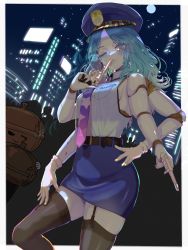 Rule 34 | 1girl, 1other, absurdres, aqua hair, belt, belt buckle, black thighhighs, blonde hair, blue eyes, blue hair, blue headwear, blue shirt, blue skirt, border, breast pocket, breasts, buckle, cityscape, collared shirt, colored skin, commentary request, cracked skin, crowd, dual wielding, elden ring, extra arms, extra faces, fang, fang out, garter straps, gloves, gradient hair, gun, hand on own hip, hand on own thigh, handgun, hat, highres, holding, lips, long hair, looking at viewer, medium breasts, moon, multicolored hair, nail polish, necktie, one eye closed, outdoors, outside border, pink nails, pocket, police, police hat, police uniform, policewoman, purple necktie, ranni the witch, red nails, revolver, rope, shirt, sideboob, skindentation, skirt, sky, sleeveless, sleeveless shirt, star (sky), star (symbol), starry sky, thighhighs, uniform, weapon, white border, white gloves, white skin, yoruniyoruyoshi