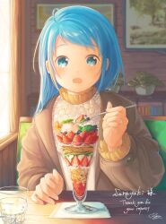Rule 34 | 1girl, absurdres, alternate costume, blonde hair, blue eyes, blue hair, blush, brown jacket, commission, cup, food, fruit, highres, holding, holding spoon, indoors, jacket, jewelry, kantai collection, long hair, long sleeves, looking at viewer, multicolored hair, open mouth, parfait, plant, potted plant, ring, rom (rommmoon), samidare (kancolle), signature, sitting, skeb commission, solo, spoon, strawberry, table, upper body, wedding ring, window