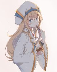 Rule 34 | 10s, 1girl, blue eyes, blush, brown background, cherry, closed mouth, commentary request, dress, eating, food, food in mouth, fruit, goblin slayer!, gradient background, grey background, hair between eyes, hat, holding, holding food, ice cream, light brown hair, long hair, long sleeves, looking at viewer, looking to the side, priestess (goblin slayer!), solo, toki (yoyobozi), very long hair, wafer stick, white dress, white hat, wide sleeves