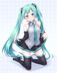 Rule 34 | 1girl, absurdres, aqua eyes, aqua hair, aqua nails, aqua necktie, bare shoulders, blush, boots, breasts, clothes lift, detached sleeves, fingernails, full body, hair ornament, hatsune miku, head tilt, highres, kneeling, lifted by self, long hair, looking at viewer, manmaru tamago, medium breasts, nail polish, necktie, plaid, plaid background, pleated skirt, shirt, skirt, skirt lift, smile, solo, thigh boots, thighhighs, twintails, very long hair, vocaloid, wing collar, zettai ryouiki