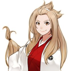 Rule 34 | 1girl, bangs pinned back, brown eyes, brown hair, hand on own hip, highres, japanese clothes, kimono, lips, long hair, looking at viewer, miko, original, poaro, simple background, smile, solo, very long hair, white background