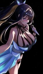 1girl absurdres black_background breasts colored_inner_hair dark-skinned_female dark_skin goddess_of_victory:_nikke highres holding holding_microphone kopepan_(kopepann11) large_breasts microphone multicolored_hair noise_(nikke) ponytail smile solo streaked_hair