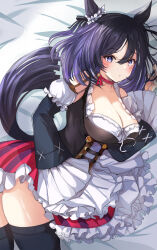 Rule 34 | 1girl, animal ears, bare shoulders, black hair, black thighhighs, blush, bodice, breasts, choker, cleavage, closed mouth, commentary request, cowboy shot, detached sleeves, dirndl, ear ornament, eishin flash (umamusume), german clothes, hair between eyes, hanamura pink, highres, horse ears, horse girl, horse tail, large breasts, long sleeves, looking at viewer, on bed, purple eyes, red choker, solo, tail, thighhighs, umamusume, wide sleeves