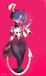 Rule 34 | 1girl, 2021, blue hair, blue skin, colored skin, full body, hair over one eye, heart, highres, jpeg artifacts, leviathan (skullgirls), pink background, red eyes, side ponytail, skullgirls, solo, squigly (skullgirls), standing, zombie