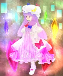 Rule 34 | 1girl, :&lt;, bad id, bad pixiv id, blunt bangs, bow, capelet, crescent, crystal, expressionless, female focus, full body, hair bow, hat, highres, hutaba123, jitome, long hair, patchouli knowledge, pink eyes, purple hair, robe, solo, standing, striped, touhou, vertical stripes