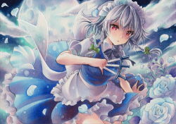 Rule 34 | 1girl, apron, back bow, between fingers, black bow, black bowtie, blue skirt, blue vest, bow, bowtie, braid, breasts, cloud, collared shirt, cowboy shot, flower, frilled apron, frilled skirt, frills, grey hair, holding, holding knife, izayoi sakuya, knife, knives between fingers, leaning forward, looking at viewer, maid, maid headdress, marker (medium), medium hair, momonabe02, moon, puffy short sleeves, puffy sleeves, red eyes, shirt, short sleeves, skirt, skirt set, small breasts, solo, touhou, traditional media, twin braids, vest, waist apron, white apron, white bow, white shirt