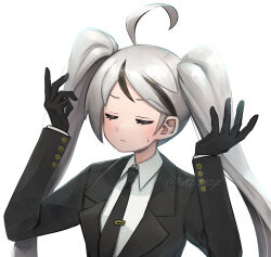 Rule 34 | 1boy, ahoge, black gloves, black jacket, black necktie, closed eyes, closed mouth, collared shirt, gloves, hands up, highres, jacket, library of ruina, long hair, male focus, moribe denkou, multicolored hair, necktie, project moon, shirt, solo, streaked hair, sweat, twintails, very long hair, white hair, white shirt, yan vismok