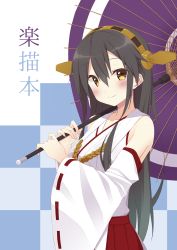 Rule 34 | 1girl, black hair, brown eyes, commentary request, detached sleeves, fuji yoshida, hair ornament, hairband, hairclip, haruna (kancolle), highres, holding, kantai collection, long hair, looking at viewer, nontraditional miko, oil-paper umbrella, pleated skirt, skirt, smile, solo, translation request, umbrella