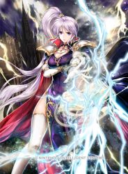 Rule 34 | 1girl, book, breasts, castle, cleavage, closed mouth, company name, copyright name, dress, electricity, fire emblem, fire emblem: genealogy of the holy war, fire emblem cipher, ishtar (fire emblem), long hair, nintendo, official art, open book, ponytail, purple eyes, purple hair, solo, thighhighs, very long hair, white thighhighs, yamada koutarou