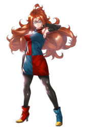 Rule 34 | &gt;:(, 1girl, ahoge, android 21, armpits, bare shoulders, black-framed eyewear, black pantyhose, blue eyes, breasts, brown hair, closed mouth, curly hair, detached sleeves, dragon ball, dragon ball fighterz, dress, earrings, frown, full body, glasses, hamushima, high heels, hoop earrings, jewelry, long hair, looking at viewer, medium breasts, multicolored clothes, multicolored dress, pantyhose, short dress, simple background, solo, standing, v-shaped eyebrows, white background