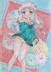 Rule 34 | 1girl, bare shoulders, blue eyes, bow, breasts, eromanga sensei, flying sweatdrops, gluteal fold, green jacket, grey hair, hair bow, highres, izumi sagiri, jacket, legs, long hair, low-tied long hair, no pants, off shoulder, open mouth, panties, ribbon, small breasts, solo, stylus, thigh gap, thighs, traditional media, underwear, white panties