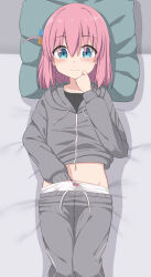 Rule 34 | 1girl, bed sheet, black shirt, blue eyes, blush, bocchi the rock!, bow, bow panties, closed mouth, commentary request, cube hair ornament, drawstring, feet out of frame, gotoh hitori, grey jacket, grey pants, groin, hair between eyes, hair ornament, hand in panties, hand up, highres, hood, hood down, hooded jacket, implied masturbation, jacket, long sleeves, lying, navel, on back, one side up, panties, pants, pillow, pink hair, shirt, solo, takasuma hiro, track jacket, track pants, track suit, underwear, white panties