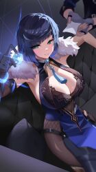 Rule 34 | 1boy, 1girl, absurdres, armpit peek, bead necklace, beads, black gloves, blue hair, blush, bodysuit, breasts, cleavage, coat, commentary, couch, cowboy shot, diagonal bangs, dice, english commentary, fur-trimmed coat, fur trim, genshin impact, gloves, green eyes, highres, jewelry, large breasts, looking at viewer, mole, mole on breast, multicolored hair, neck tassel, necklace, on couch, short hair, sitting, streaked hair, sungnyung15, thighs, white fur, yelan (genshin impact)