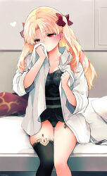 Rule 34 | 1girl, azumi (myameco), blonde hair, breasts, cleavage, ereshkigal (fate), fate/grand order, fate (series), long hair, medium breasts, open clothes, open shirt, red eyes, shirt, single thighhigh, sitting, solo, thighhighs, thighs, white shirt