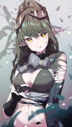 Rule 34 | 1girl, :p, absurdres, arknights, asymmetrical gloves, bare shoulders, beudelb, bikini, black gloves, breasts, cleavage, closed mouth, elbow gloves, gas mask, gavial (arknights), gavial the invincible (arknights), gloves, goggles, goggles on head, gradient background, green bikini, green hair, grey background, highres, large breasts, long hair, looking at viewer, mask, material growth, navel, oripathy lesion (arknights), pointy ears, ponytail, shoulder tattoo, smile, solo, stomach, swimsuit, tattoo, tongue, tongue out, upper body, yellow eyes