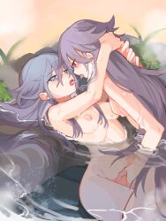 Rule 34 | 2girls, blue eyes, blue hair, blush, breasts, completely nude, fu hua, fu hua (herrscher of sentience), grey hair, hair between eyes, hand on another&#039;s crotch, hand on another&#039;s neck, highres, honkai (series), honkai impact 3rd, long hair, medium breasts, multicolored hair, multiple girls, navel, nipples, nude, onsen, open mouth, red eyes, rock, saliva swap, stomach, streaked hair, tearing up, tears, white hair, yellow pupils, yuri, yuyuyu starrail