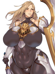 Rule 34 | 1girl, abs, alternate breast size, armor, bare shoulders, belly, bikini armor, black bodysuit, blonde hair, blush, bodystocking, bodysuit, breasts, breasts apart, cameltoe, cleft of venus, collarbone, covered navel, curvy, earrings, female focus, forehead, gauntlets, highres, holding, holding sword, holding weapon, huge breasts, jewelry, kisara (tales), lips, long hair, looking to the side, muscular, muscular female, natedecock, shield, shiny clothes, shoulder armor, skin tight, smile, solo, sword, tales of (series), tales of arise, thick thighs, thighs, weapon, wedgie, white background, wide hips, yellow eyes